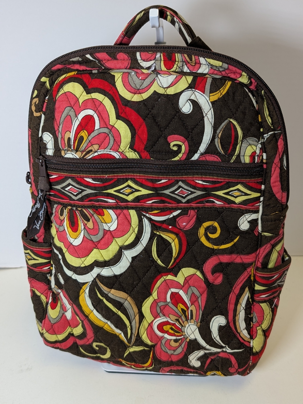 Vera Bradley Brown Quilted Floral Backpack with Pink and Yellow Accents